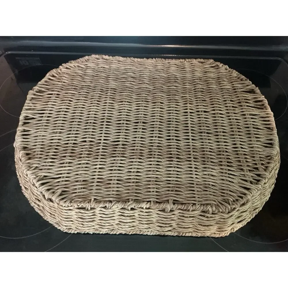 Vtg Boho Whitewashed Wicker Tray Oval Flat Basket Hand Woven Cottagecore Decor